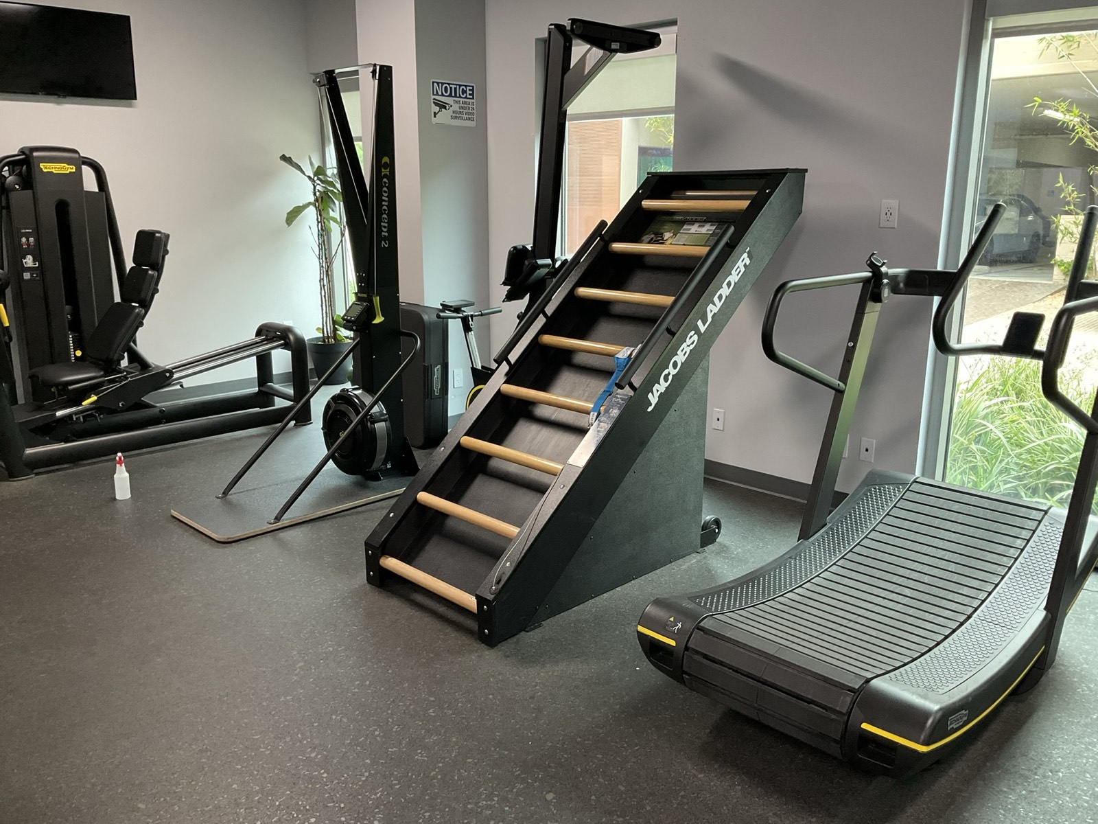Cardio stations — Jacobs Ladder, treadmill and rower — at Calabasas Fitness Center in Calabasas, CA